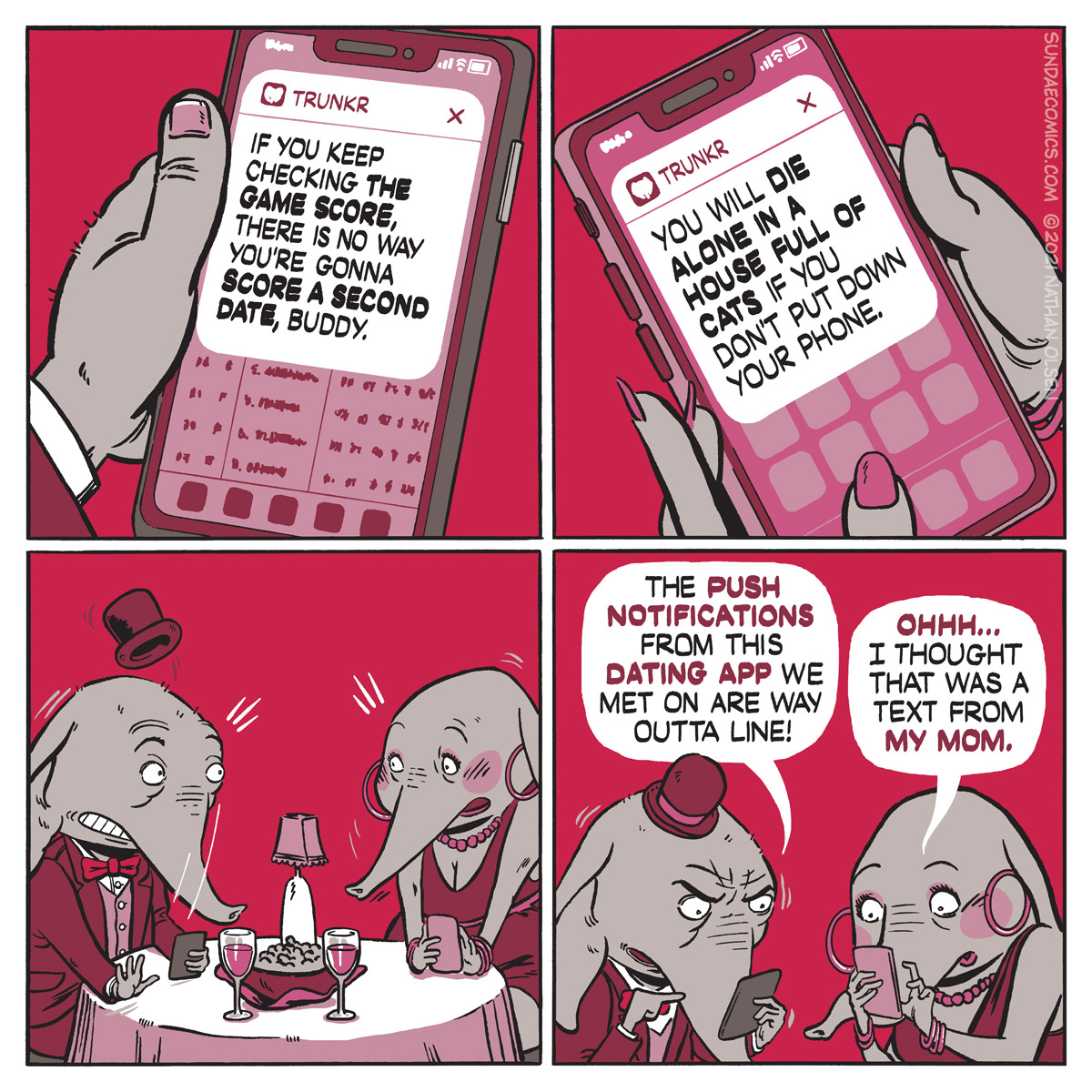 A webcomic about a couple on a date that are gently reminded to get off their phones.