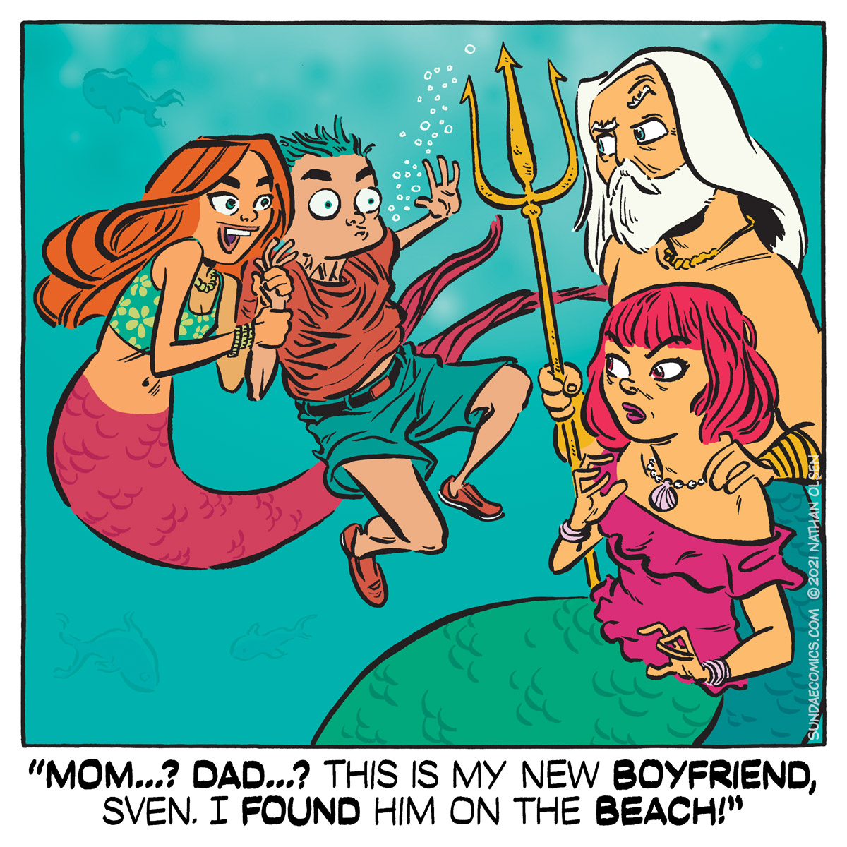 A funny comicstrip about a mermaid who introduces her new boyfriend to the family.