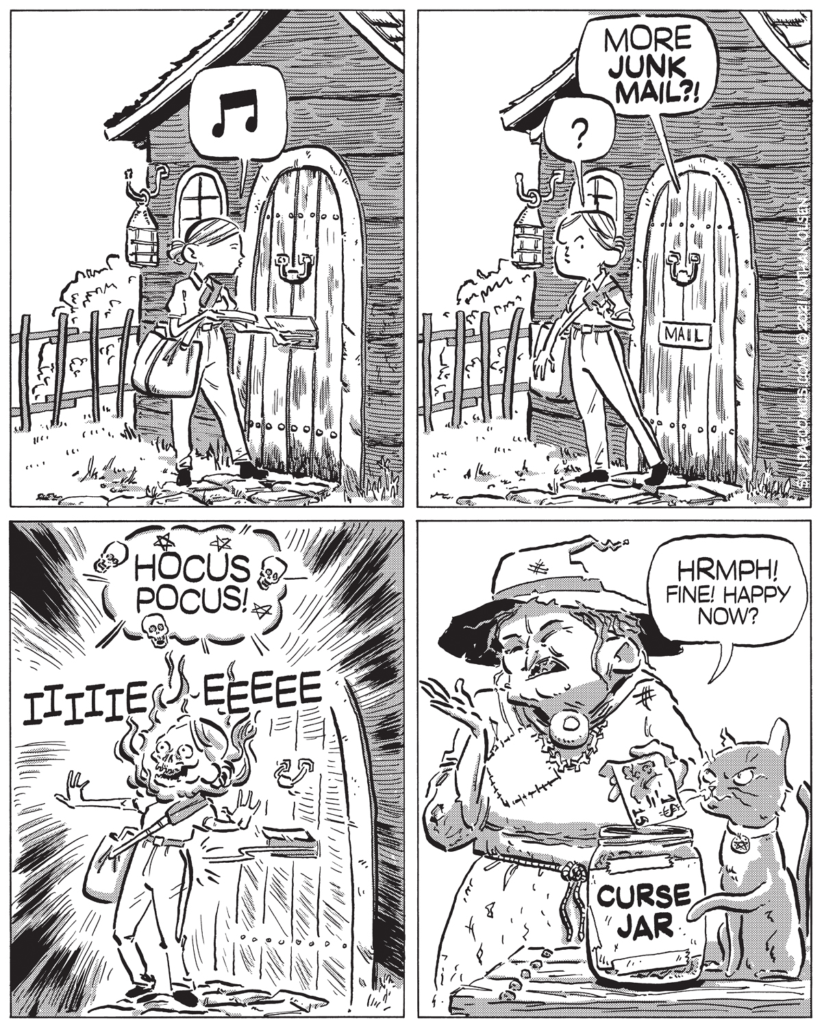 A webcomic that highlights the dangers of delivering mail to a witch. It features a cute cat.