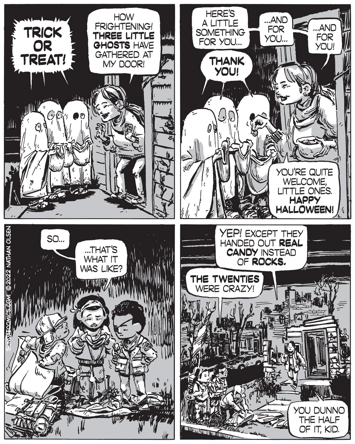 Three little ghosts go trick-or-treating and learn about Halloween in this sci-fi inspired comic.
