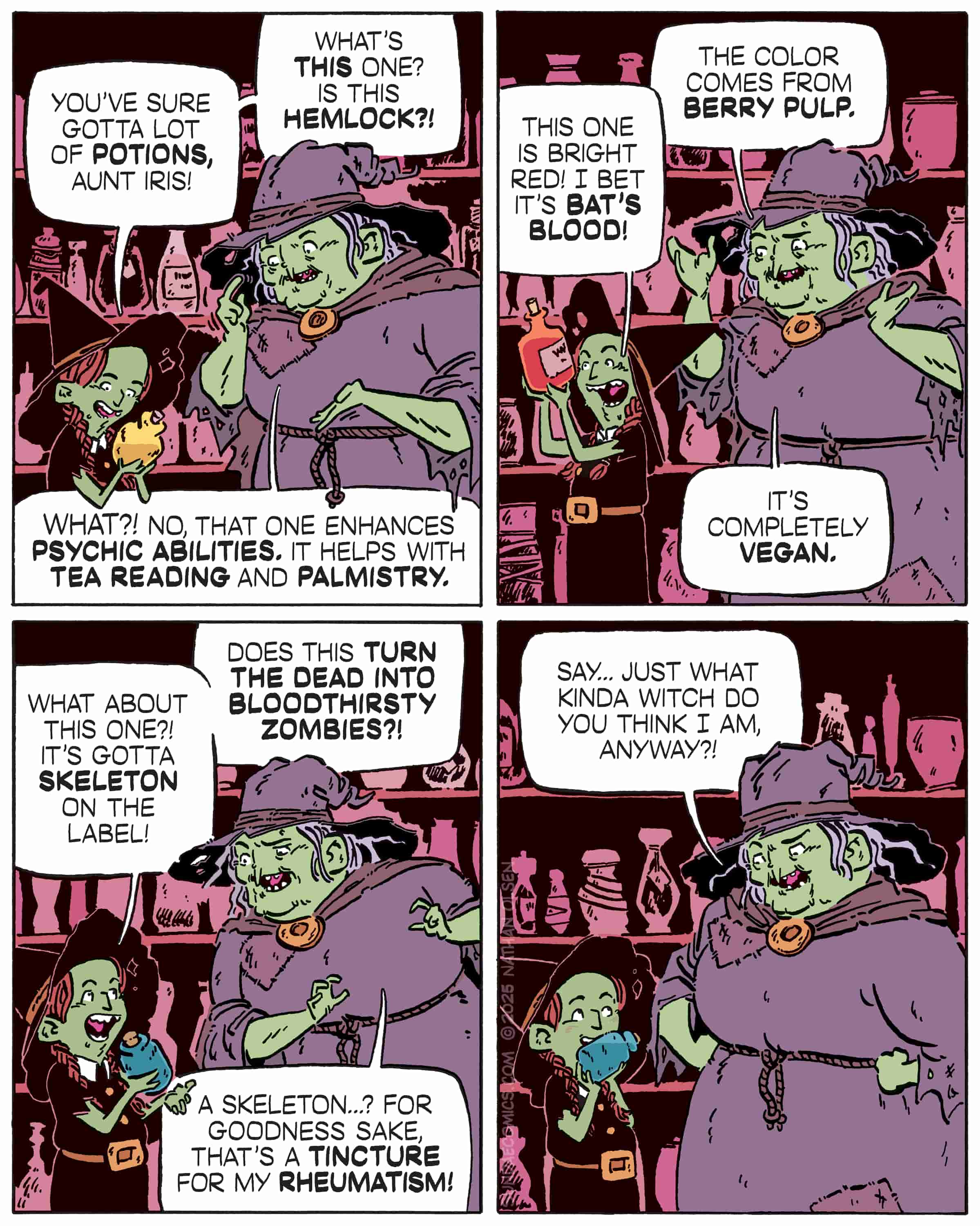 Black and white comic showing a young witch examining potion bottles while her aunt explains they're harmless herbal remedies, not bat's blood or zombie potions.