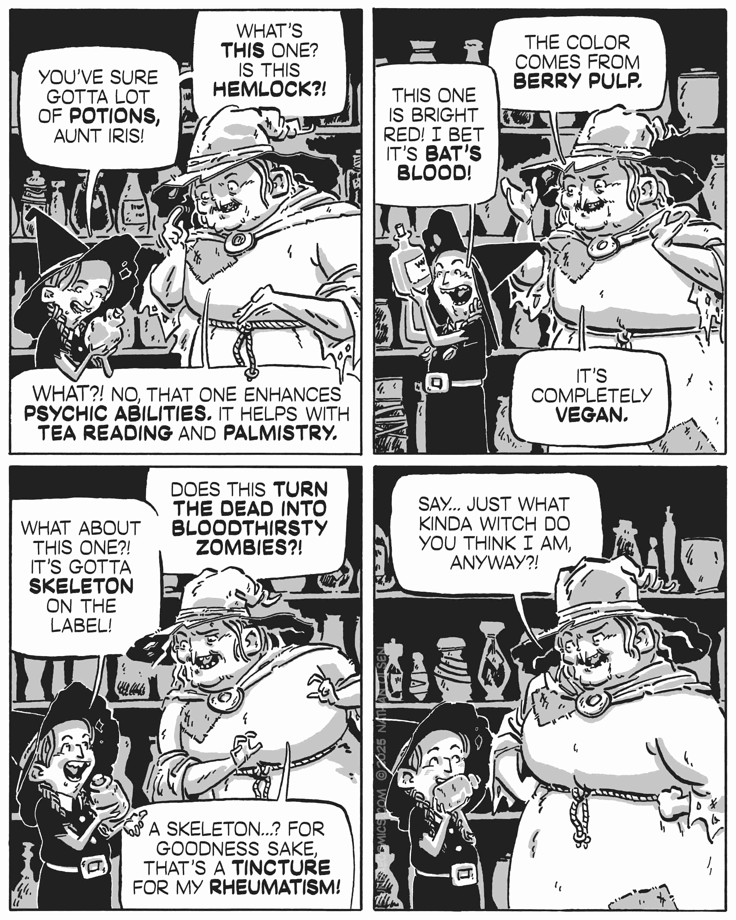 Black and white comic showing a young witch examining potion bottles while her aunt explains they're harmless herbal remedies, not bat's blood or zombie potions.